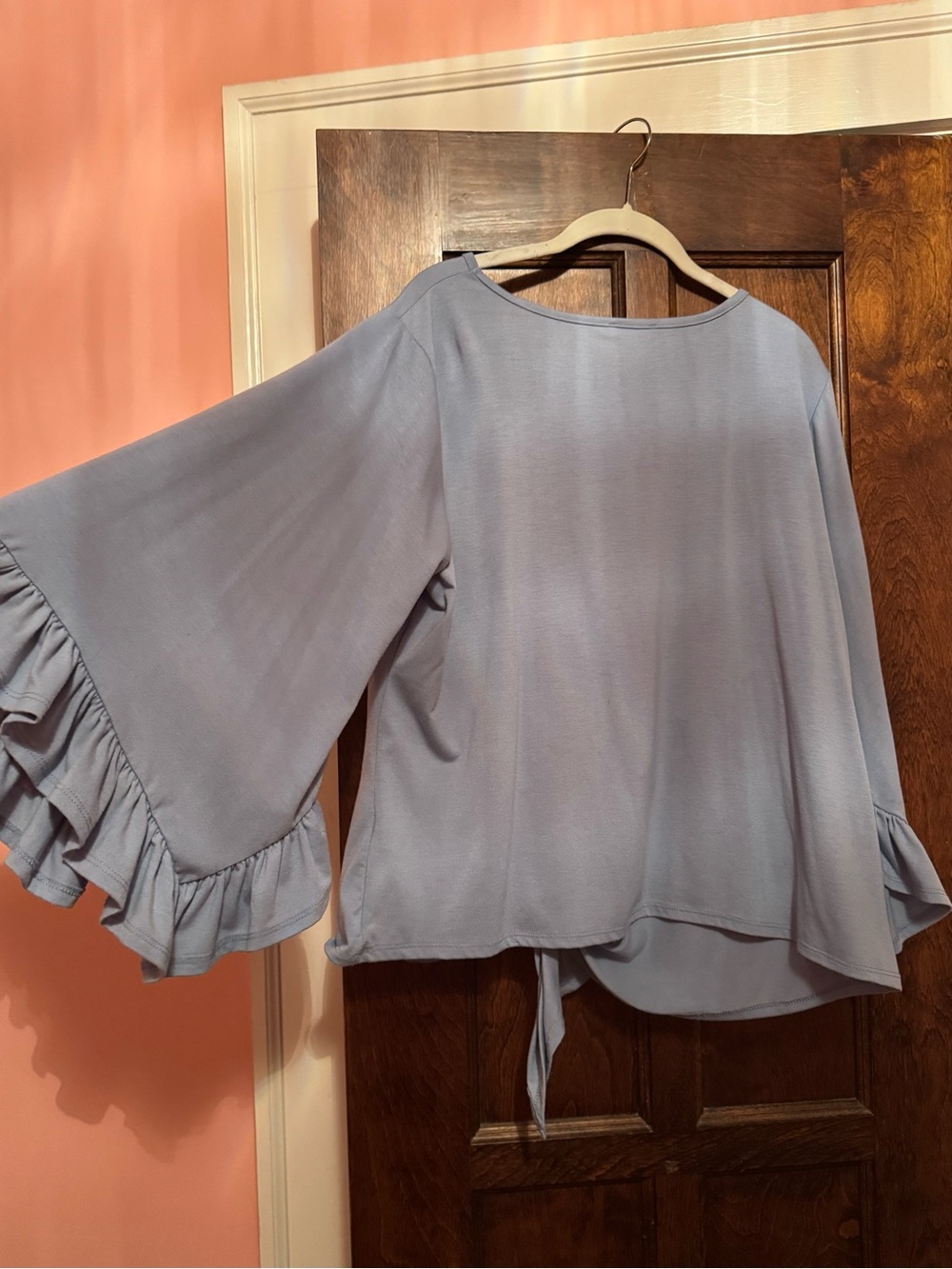 VENUS Light Blue Ruffle Bell Sleeve Tie-Front Blouse
